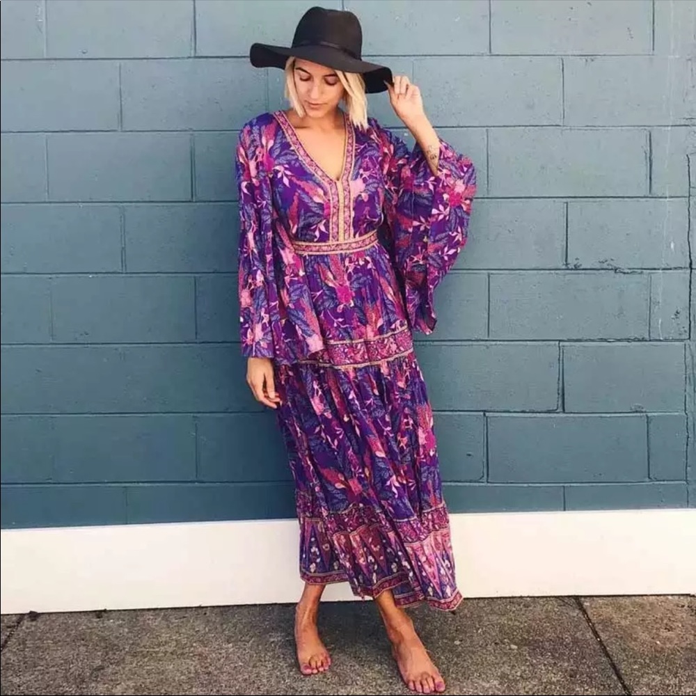 Boho Floral Print Gypsy Maxi Dress Purple Long - Picture 12 of 13